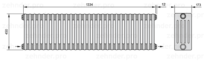 Схема (чертеж) Радиатор Zehnder Charleston 5045/29 №2670 Белый глянцевый RAL 9016